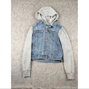 Ci Sono Trucker Jacket Women's Large Blue Gray Denim Cotton Blend Hooded Cropped